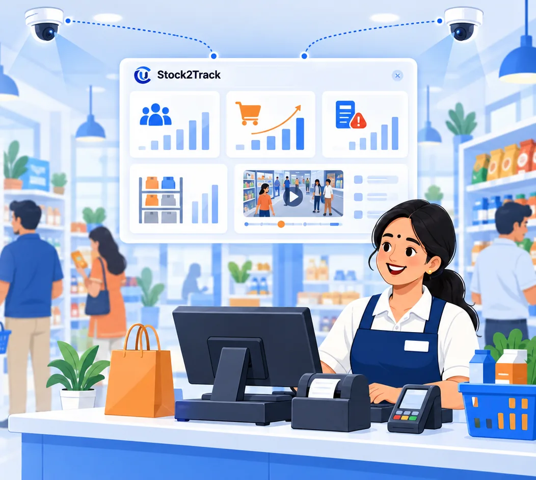 Store cameras feeding footfall, conversion and billing alerts into a Stock2Track dashboard