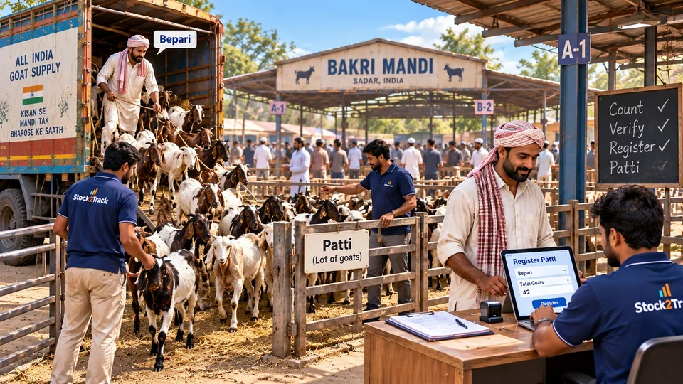 Illustration of a Bepari unloading goats at a bakri mandi while an agent registers the patti in Stock2Track
