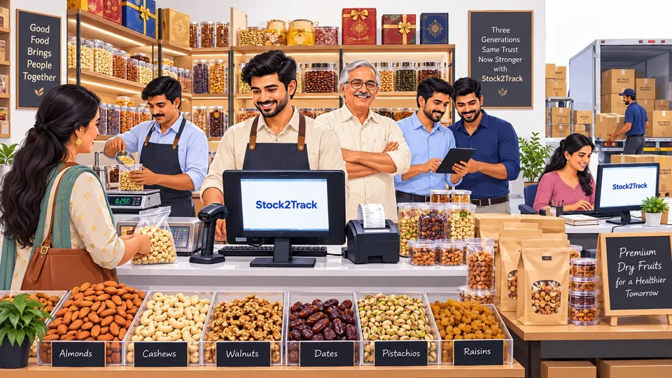 Illustration of two brothers and their father at the counter of a dry fruit store