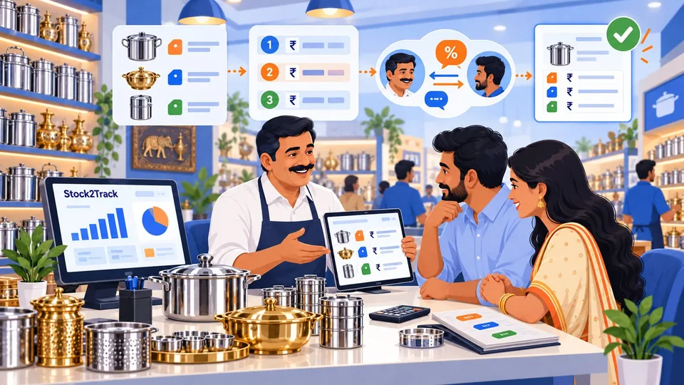 Illustration of a metalware shopkeeper discussing a coded quotation with two customers