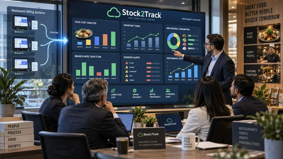 Illustration of a restaurant chain's management reviewing branch invoices flowing into Stock2Track analytics