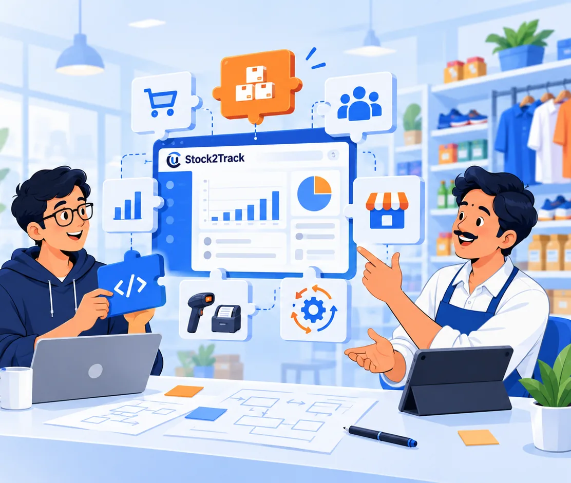 A CatchUs developer and a shop owner building a Stock2Track screen together from puzzle pieces for billing, stock, customers, hardware and automation