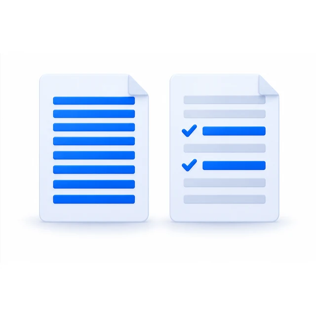 Two documents of equal size: every line filled on one, only two lines filled and ticked on the other