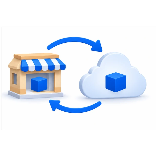 A shop and a cloud joined by two arrows of equal weight, one running each way