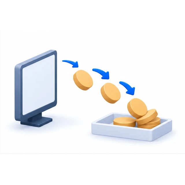 A screen with coins arcing away from it and landing in a tray