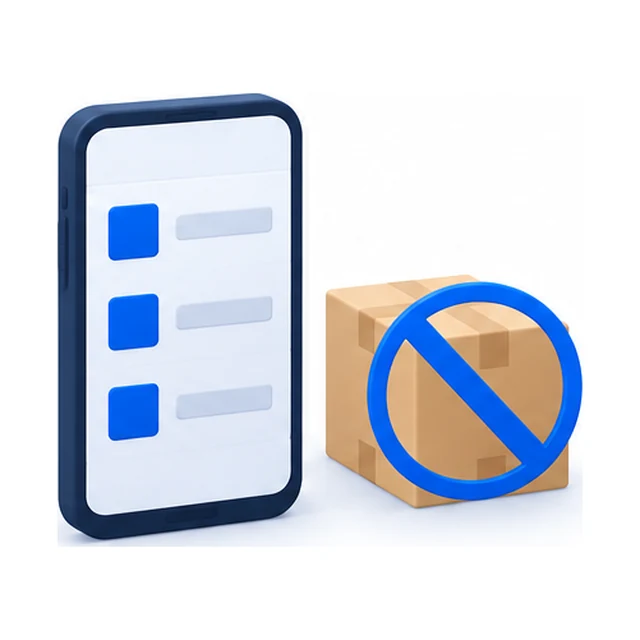 A phone showing three stock rows, beside a sealed carton crossed out