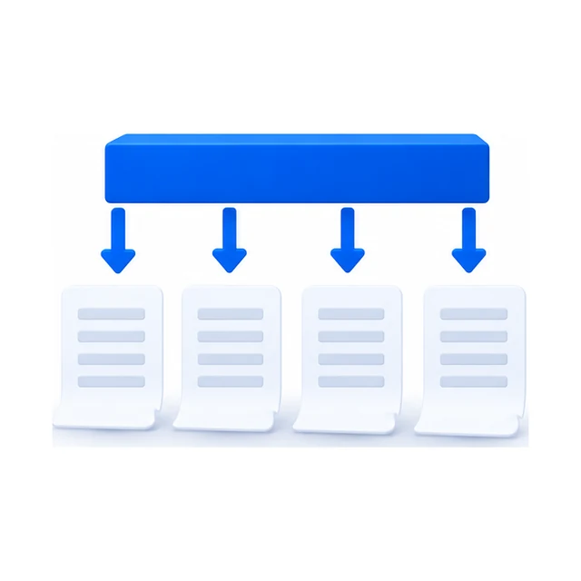 One wide blue bar with four identical arrows reaching four identical receipts