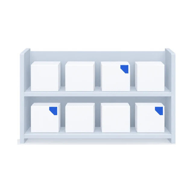 A shelf of eight boxes, three of them carrying a small corner tag and the rest plain