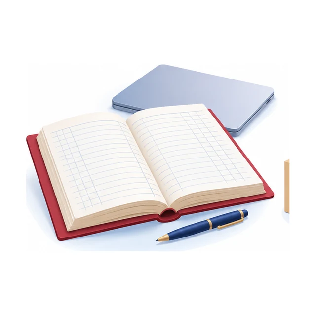 An open ruled ledger with a pen beside it and a closed laptop set back behind