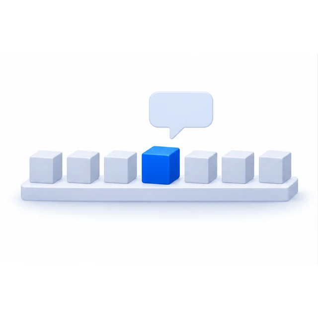 A row of seven cubes with one blue one standing forward, and a single empty speech bubble above only that one