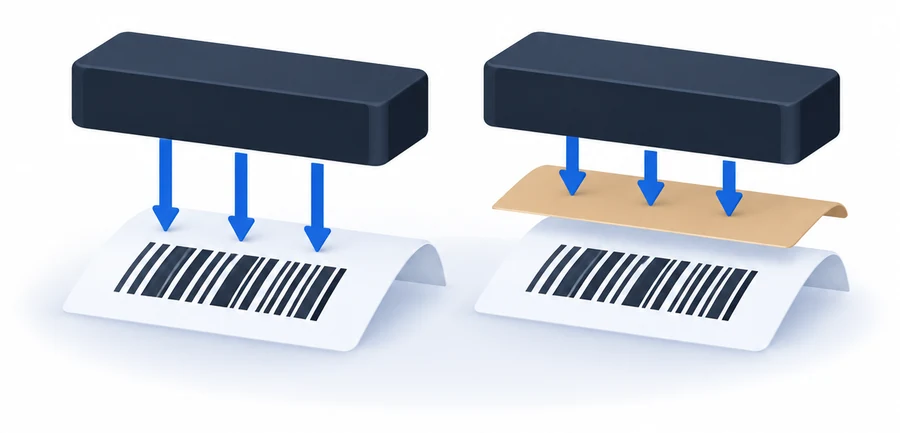Two cutaways: on one the printhead heats the label directly, on the other a ribbon sits between them