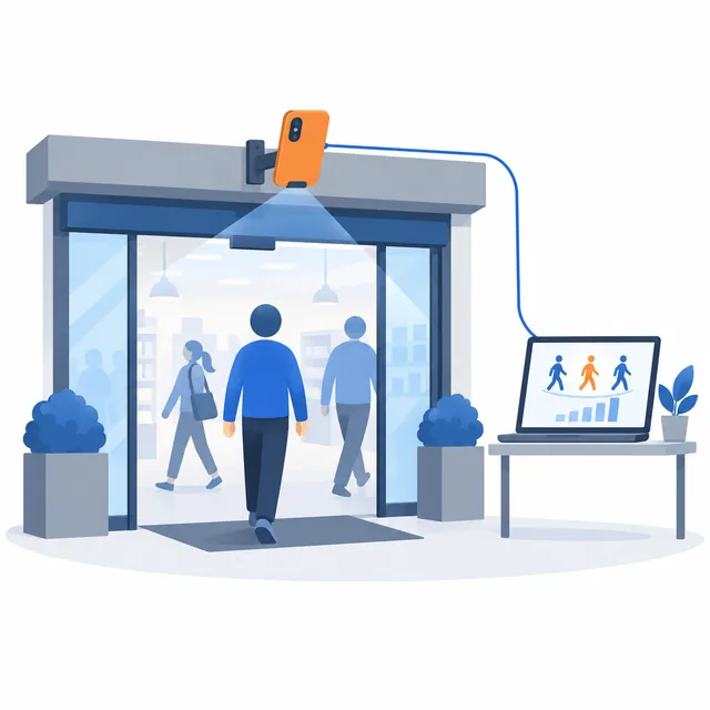 Illustration of an ordinary phone at a shop entrance acting as a footfall camera for the ERP