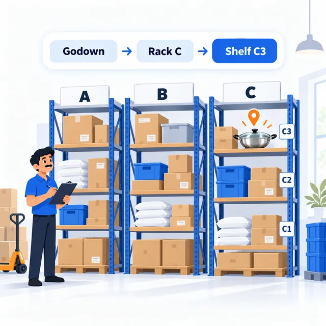 Illustration of godown racks A, B and C with a location pin on shelf C3 and the address Godown, Rack C, Shelf C3