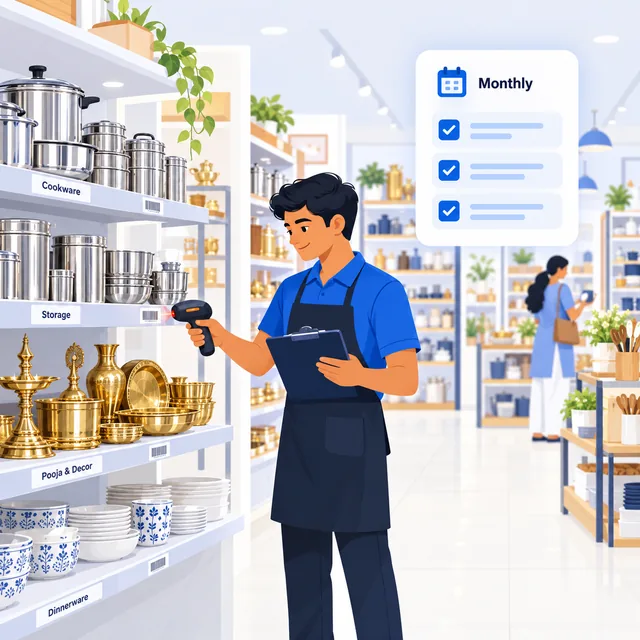 Illustration of a staff member scanning shelf barcode labels during a monthly stock audit in a kitchenware store