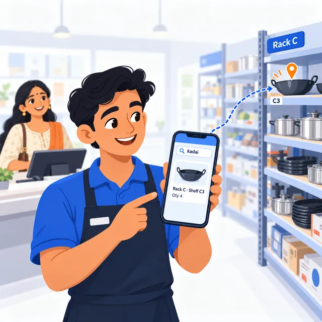 Illustration of a salesman searching kadai on the Stock2Track mobile app, which shows Rack C, Shelf C3, quantity 4