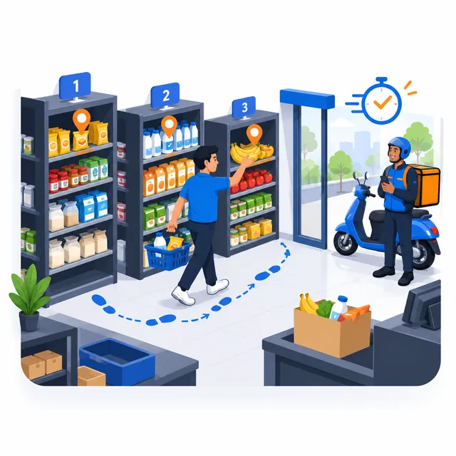 Illustration of a dark-store picker walking a marked path to numbered racks while a delivery rider waits