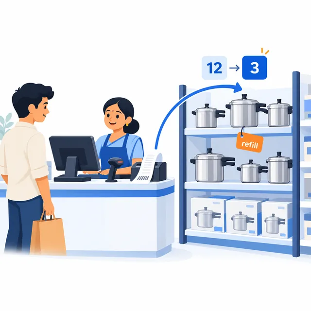 Illustration of a billing counter sale reducing the stock count on a pressure cooker shelf from 12 to 3