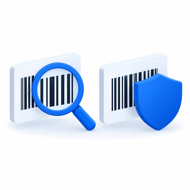Two labelled barcodes: one under a magnifying glass, one behind a shield