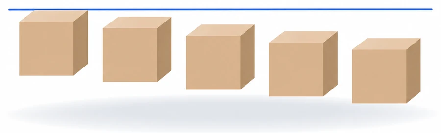 Five identical boxes stepping down away from a straight blue reference line