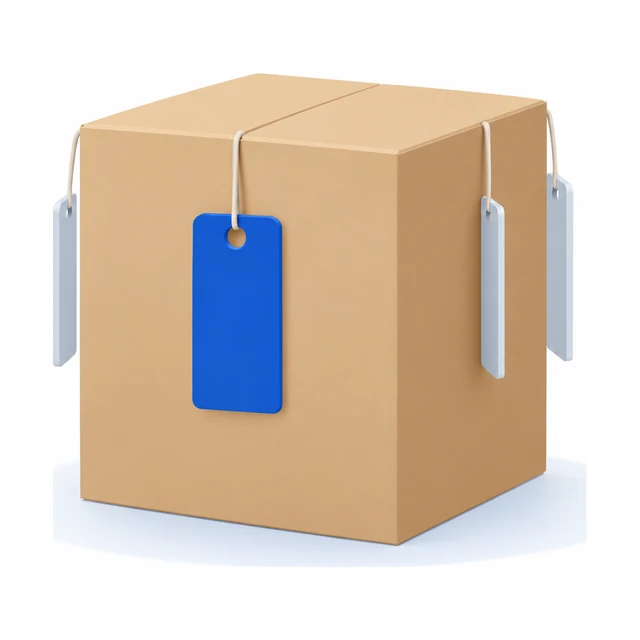 A carton with one readable blue tag hanging at the front and three grey tags turned edge-on behind it
