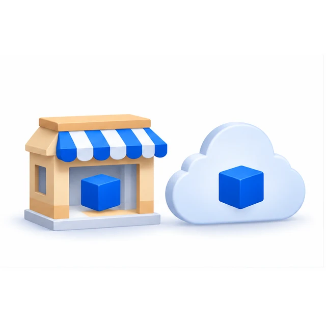 A shop building and a cloud shape side by side, each holding an identical blue cube
