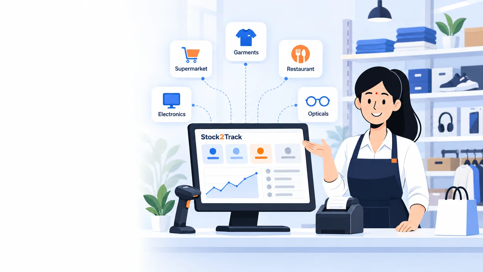 Illustration of a shop owner at a Stock2Track billing counter, with supermarket, garments, restaurant, electronics and opticals all connected to the same screen