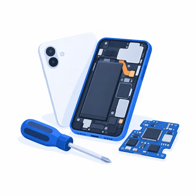 Phone being repaired with a screwdriver and circuit board