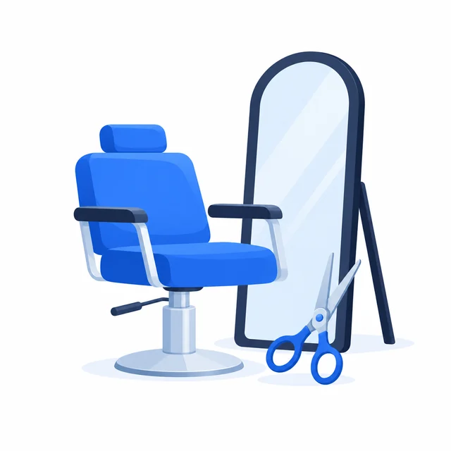 Salon chair, mirror and scissors