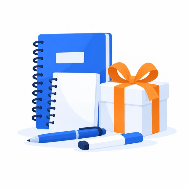 Notebooks, pens and a gift box