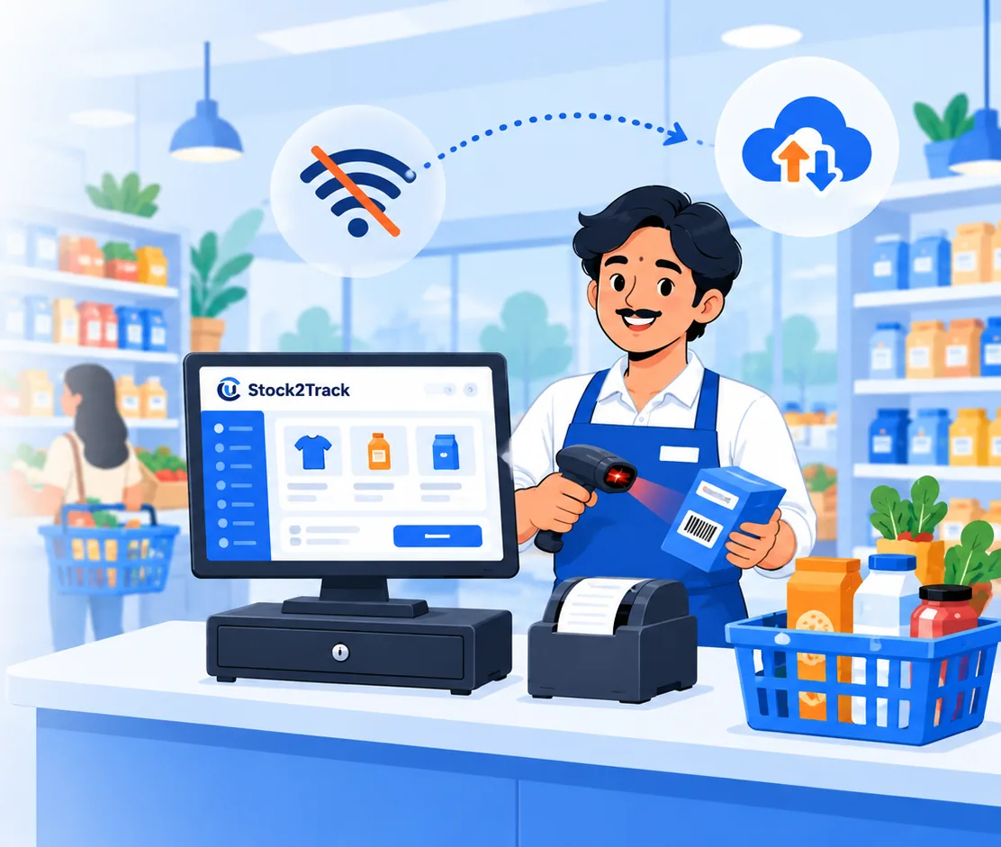 A cashier scanning and billing on Stock2Track with the internet down, syncing to the cloud once it returns