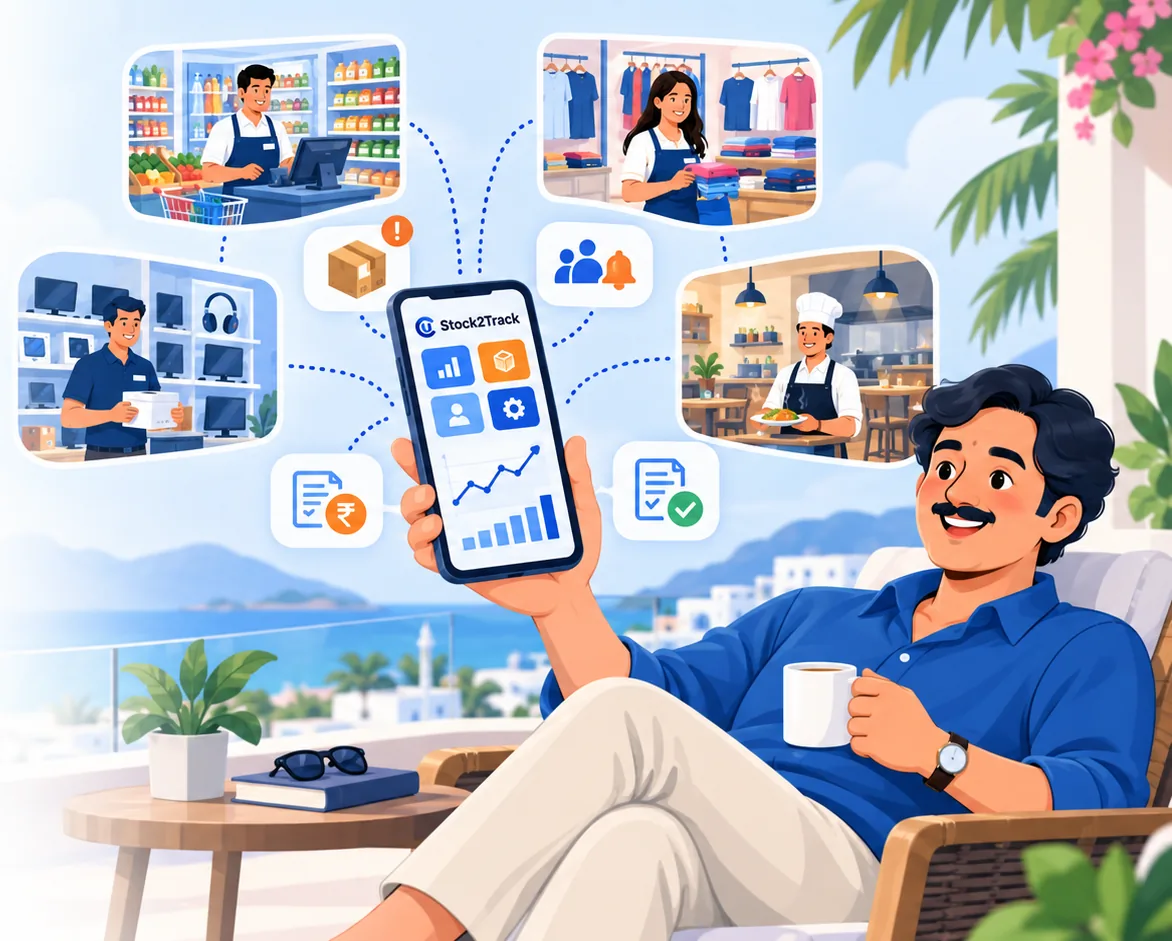 A business owner relaxing on holiday, checking his garments, electronics, supermarket and restaurant outlets on the Stock2Track mobile app