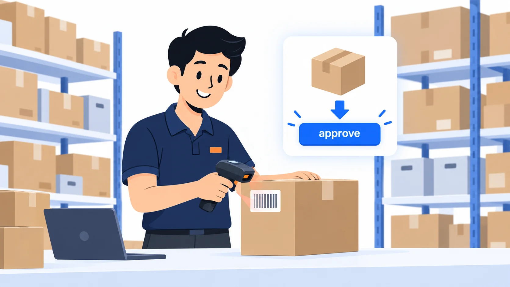 A stockroom worker scanning a carton while a purchase order waits for approval