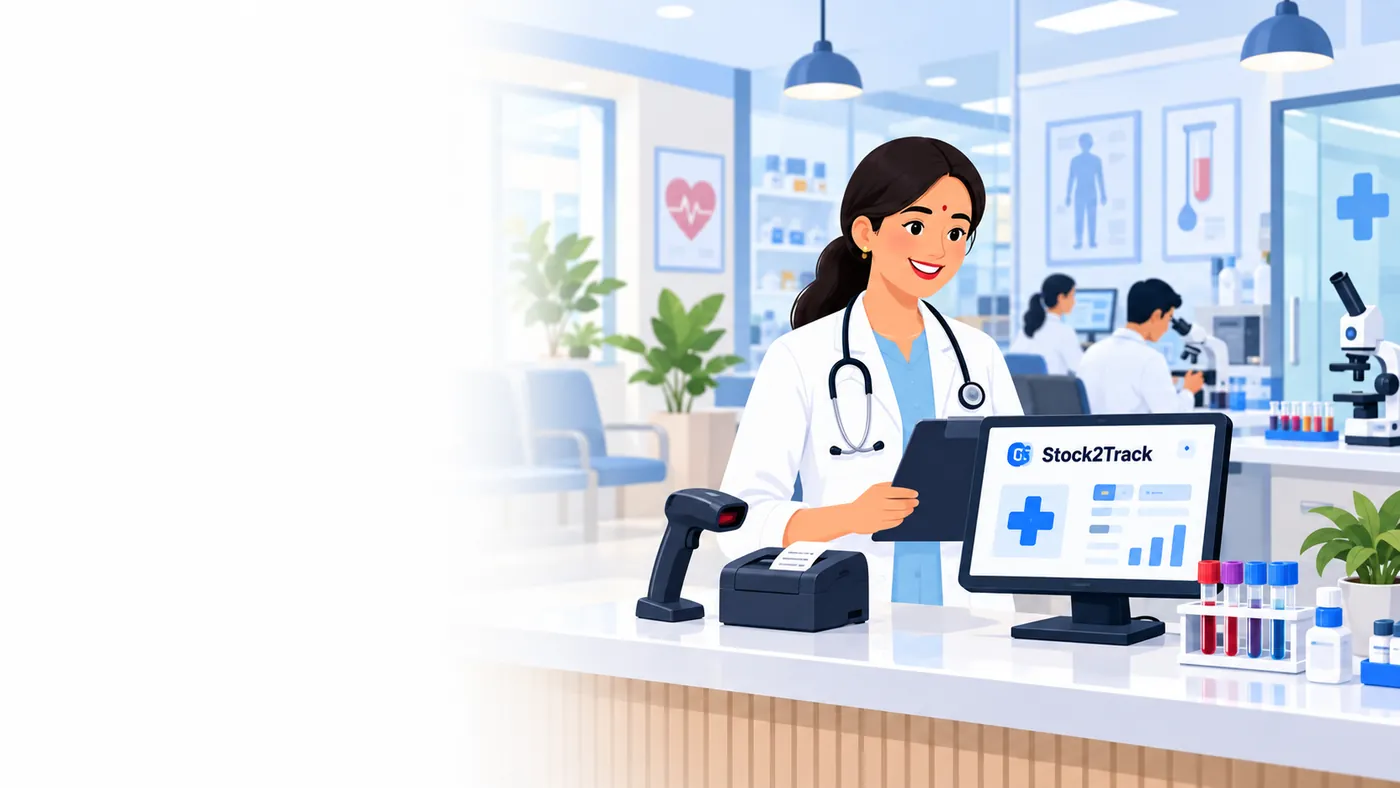Illustration of Stock2Track at the counter of a diagnostics and clinics business