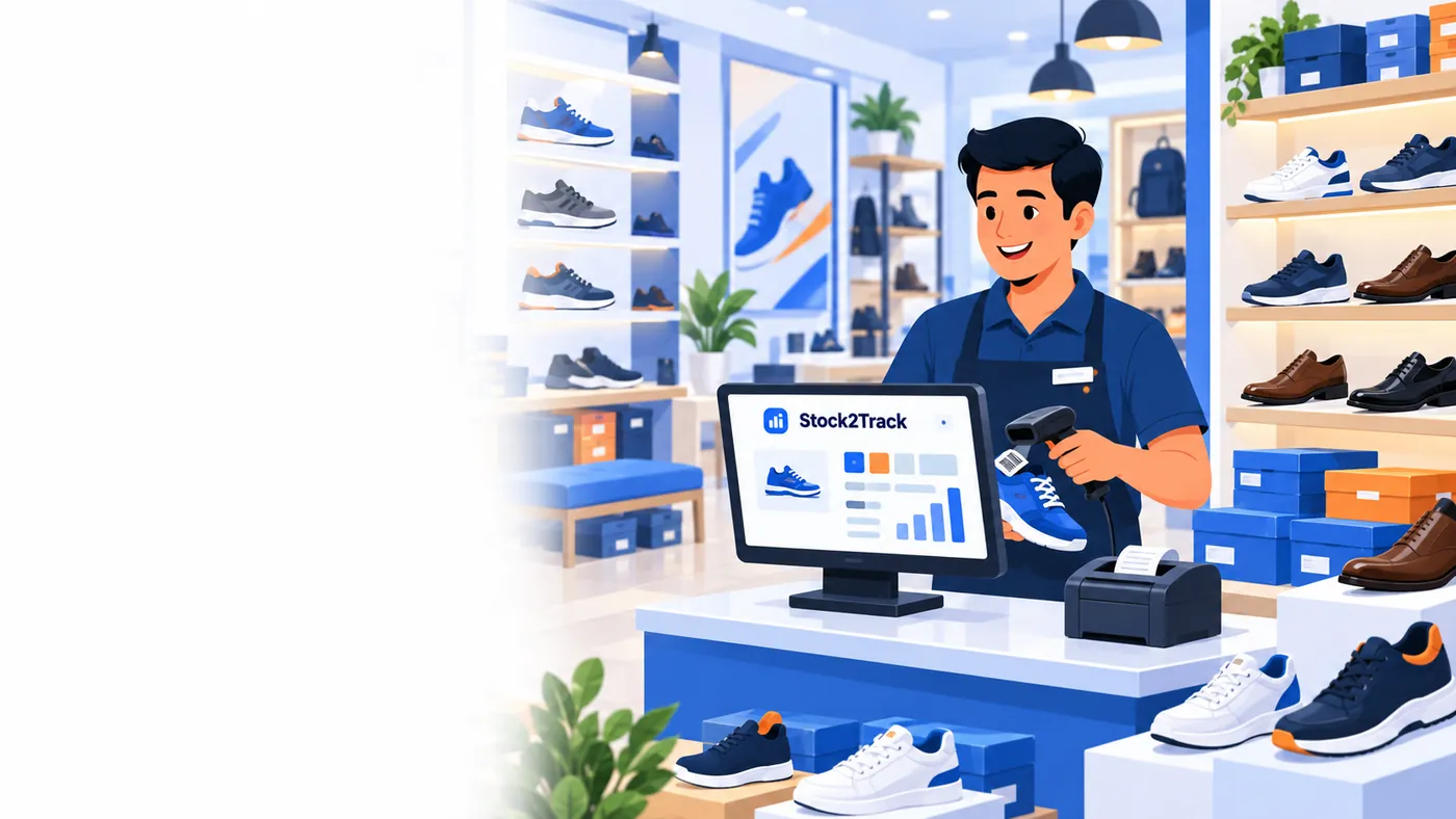 Illustration of Stock2Track at the counter of a footwear business