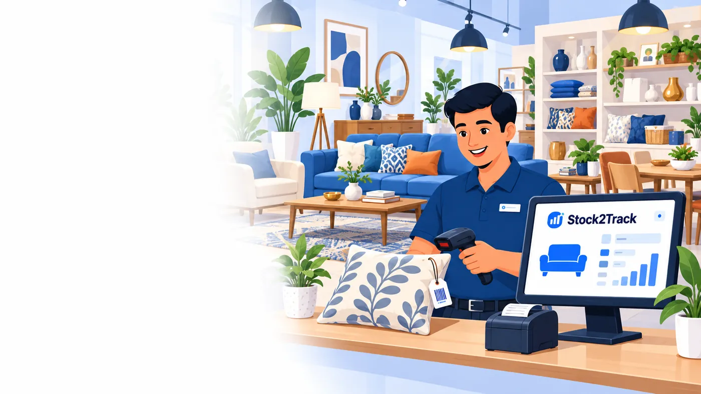 Illustration of Stock2Track at the counter of a furniture business