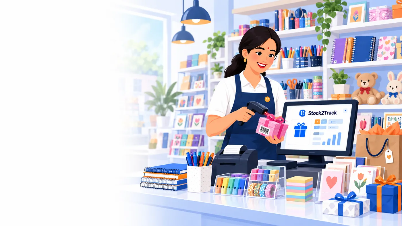 Illustration of Stock2Track at the counter of a stationery and gifts business