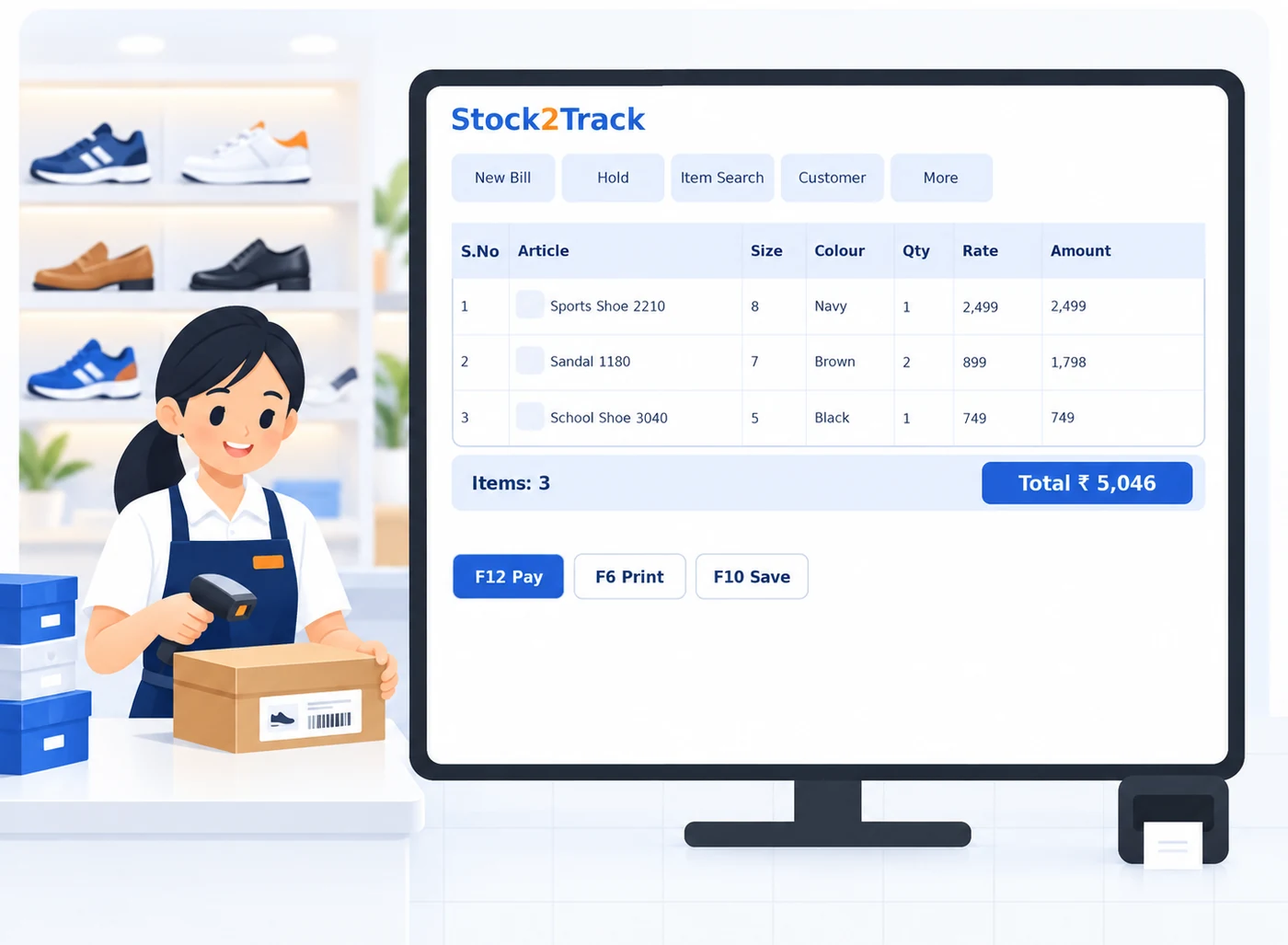 Illustration of a footwear counter running Stock2Track, with Article, Colour and Size on every line of the bill