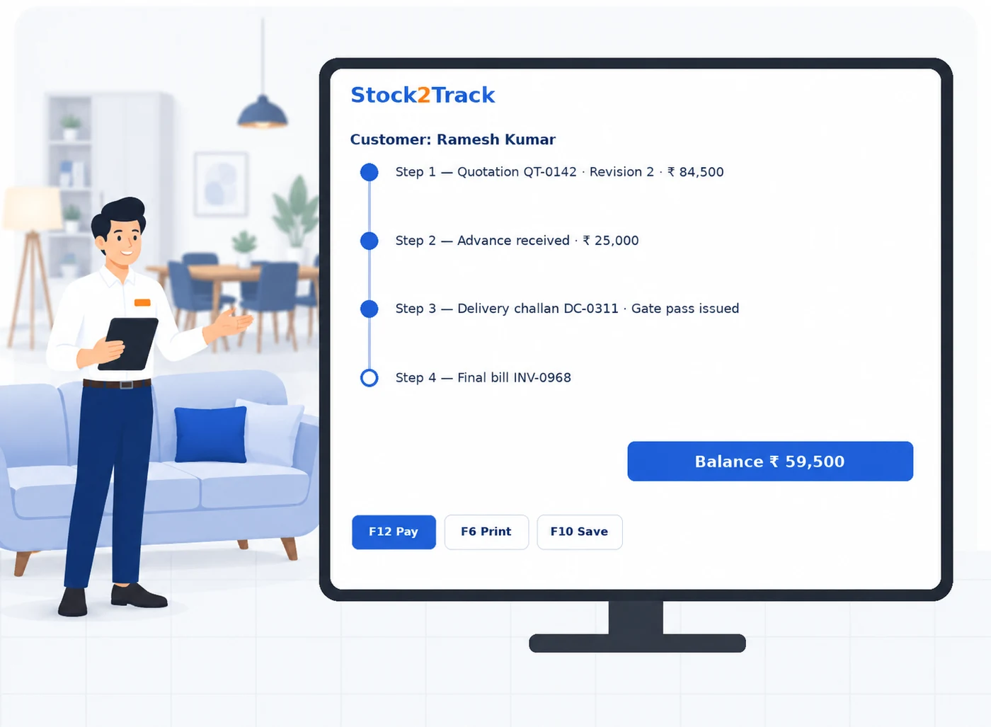 Illustration of a furniture showroom running Stock2Track, showing a quotation, an advance and a delivery challan on one customer record