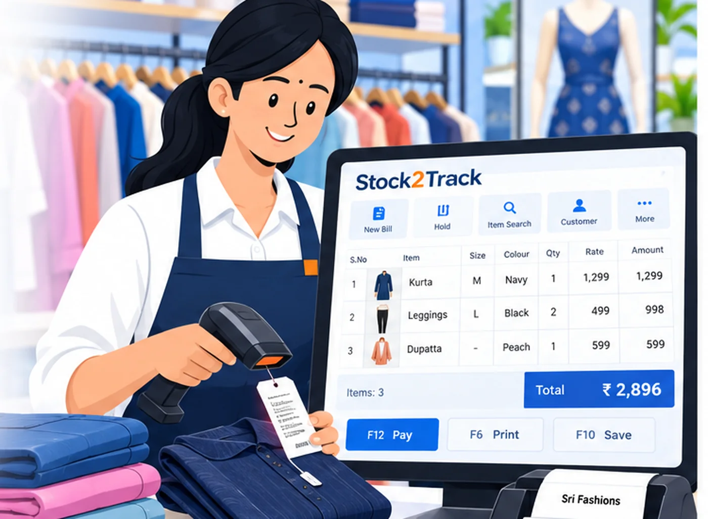 Illustration of a garment shop counter running Stock2Track, with Size and Colour on every line of the bill