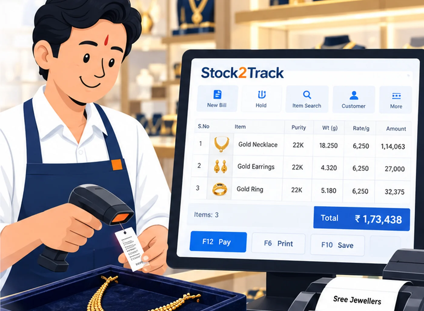 Illustration of a jewellery shop counter running Stock2Track, showing purity, weight in grams and rate per gram on each line
