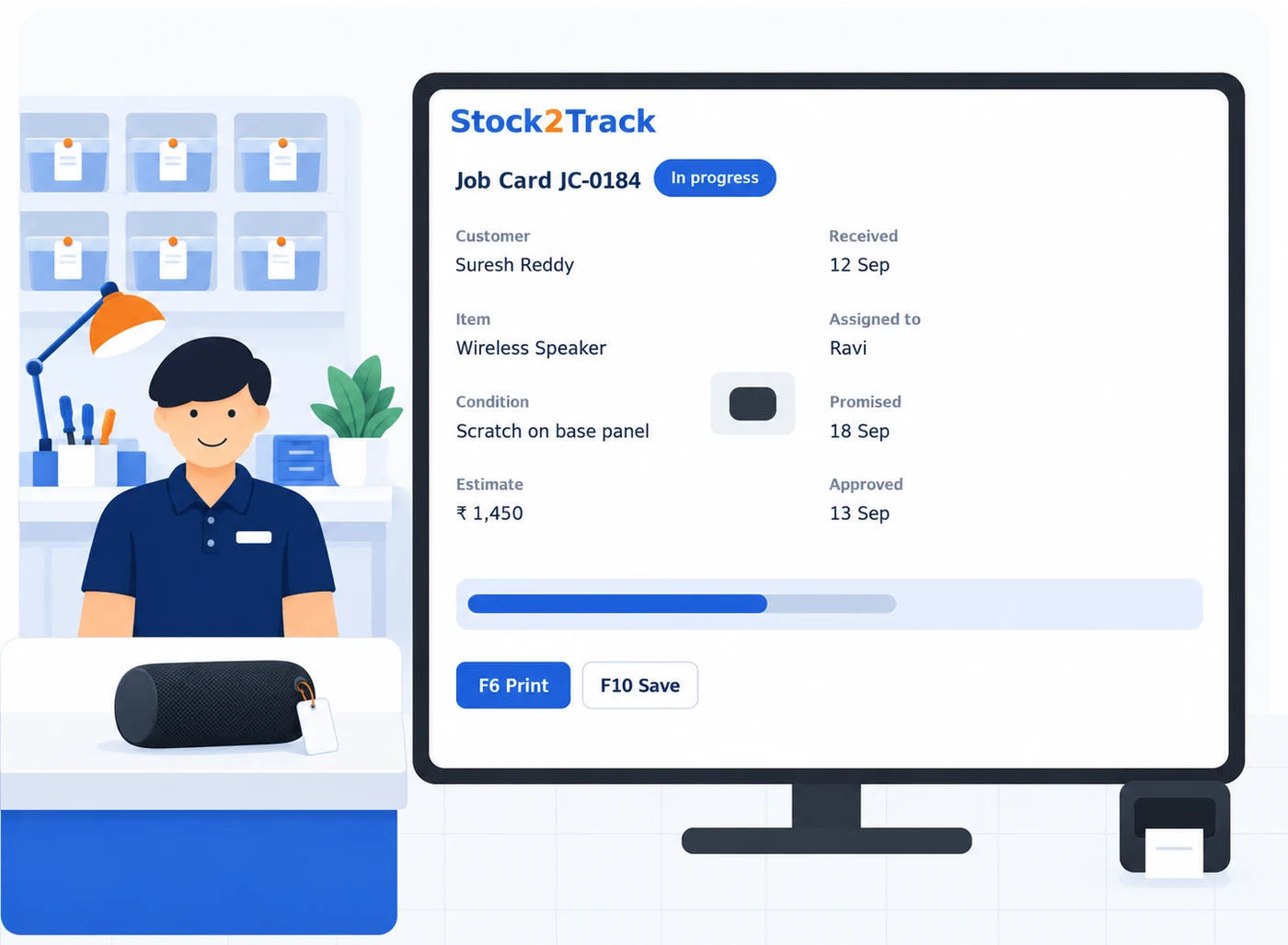 Illustration of a Stock2Track job card, showing the item taken in, its condition, the estimate and the current status