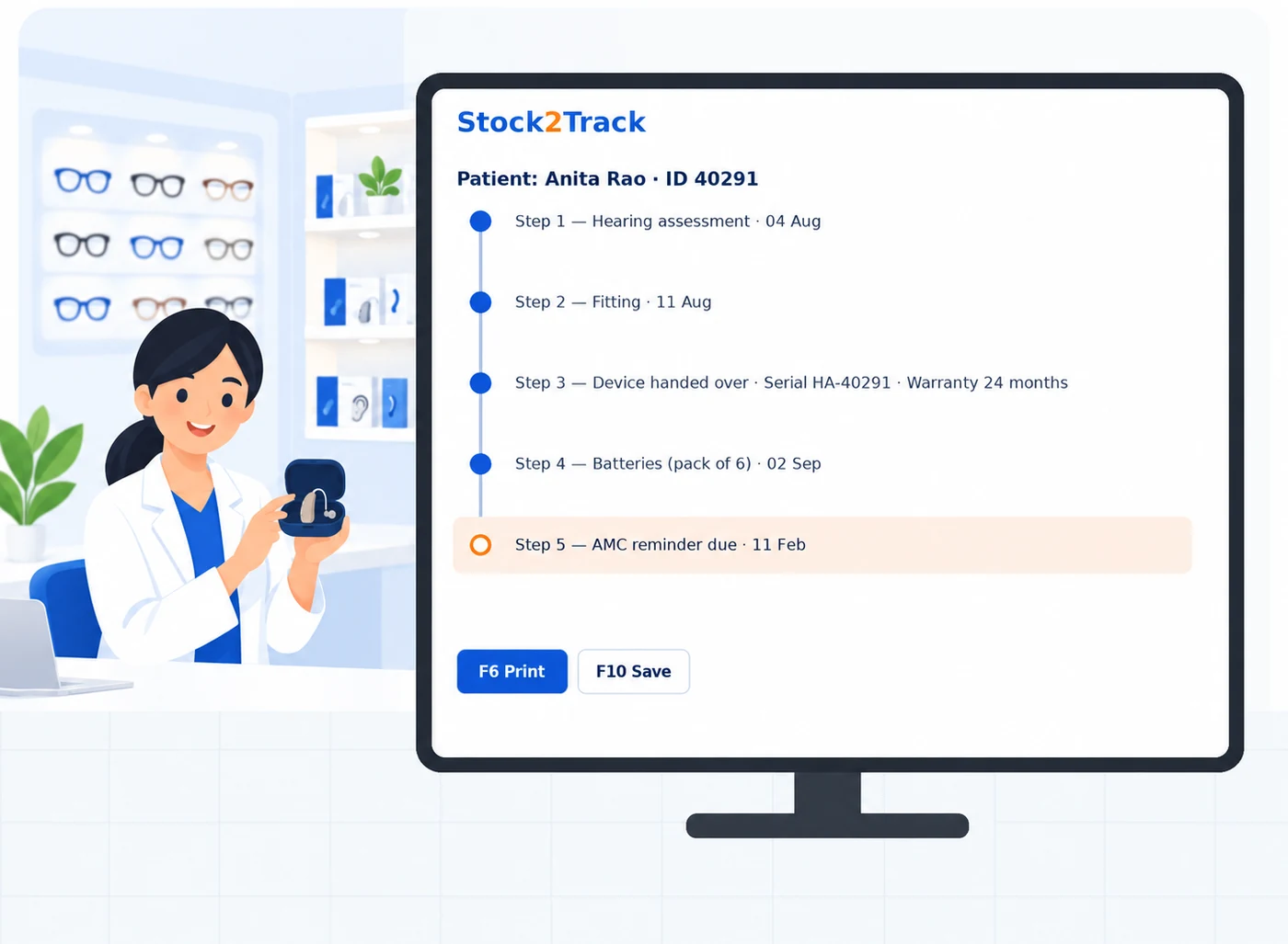 Illustration of an audiology centre running Stock2Track, with one patient record carrying the assessment, the device and the AMC reminder