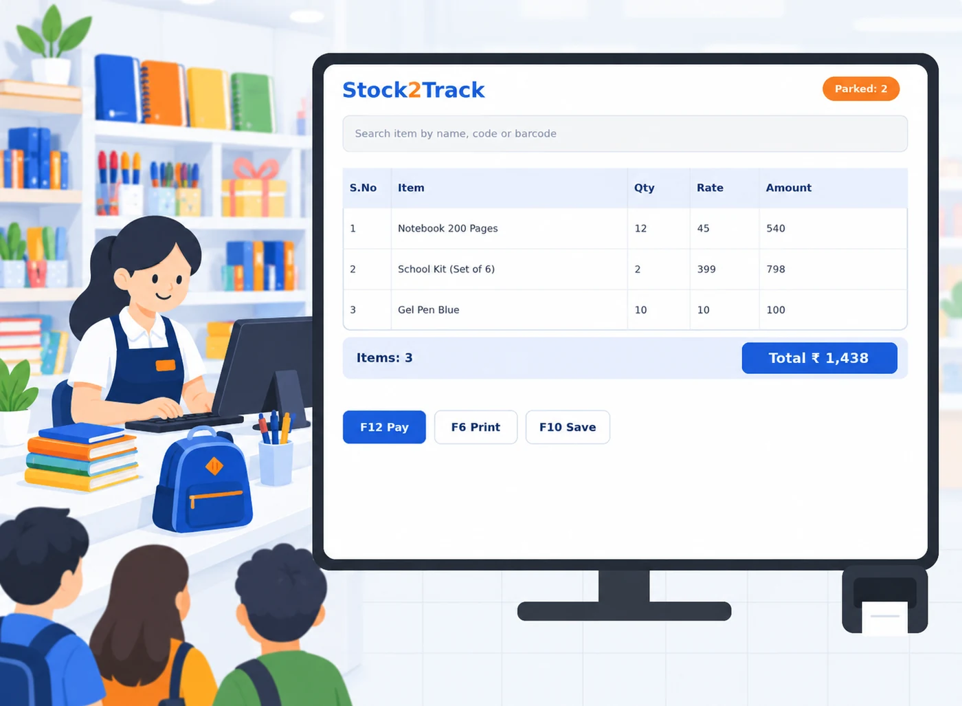 Illustration of a stationery counter running Stock2Track during the school season, with a long item list searched by name