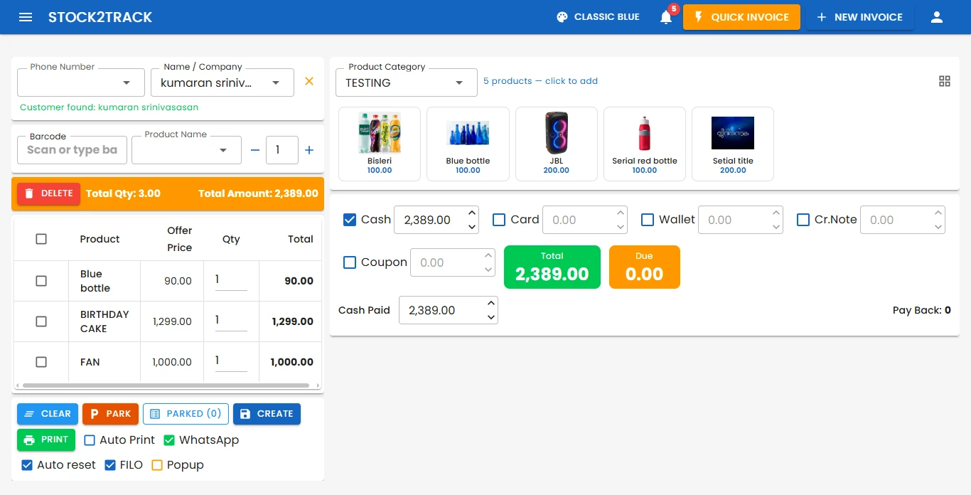 Stock2Track Quick Invoice screen with a three item bill, product tiles, payment modes and a total of 2,389 rupees