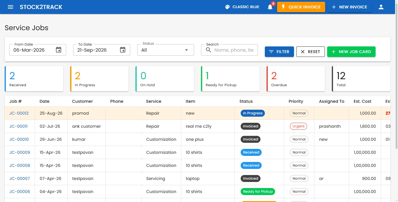 Stock2Track service jobs list with status counts for received, in progress, ready for pickup and overdue