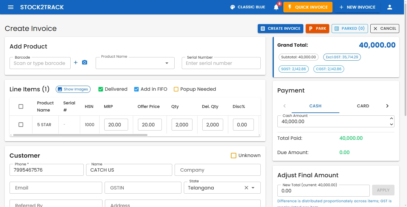 Stock2Track invoice screen for a bulk order of 2,000 units with GST split and payment panel