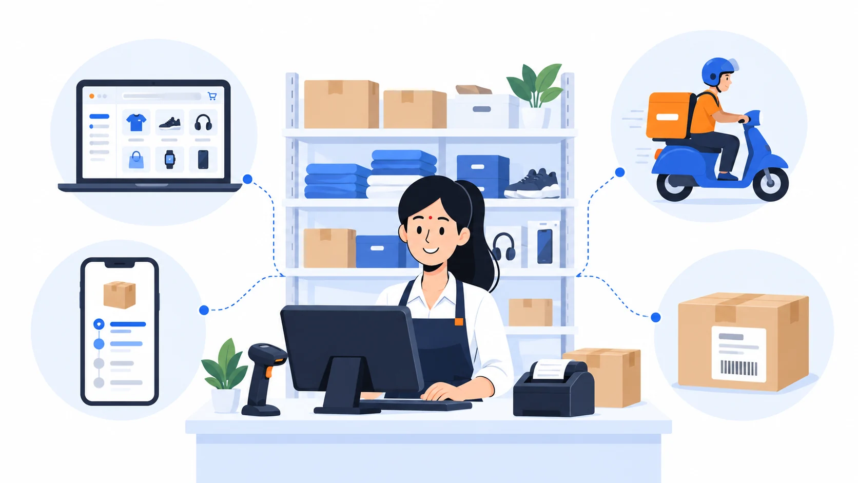 A shop counter connected to an online store, a delivery rider, a shipped parcel and an order tracking app