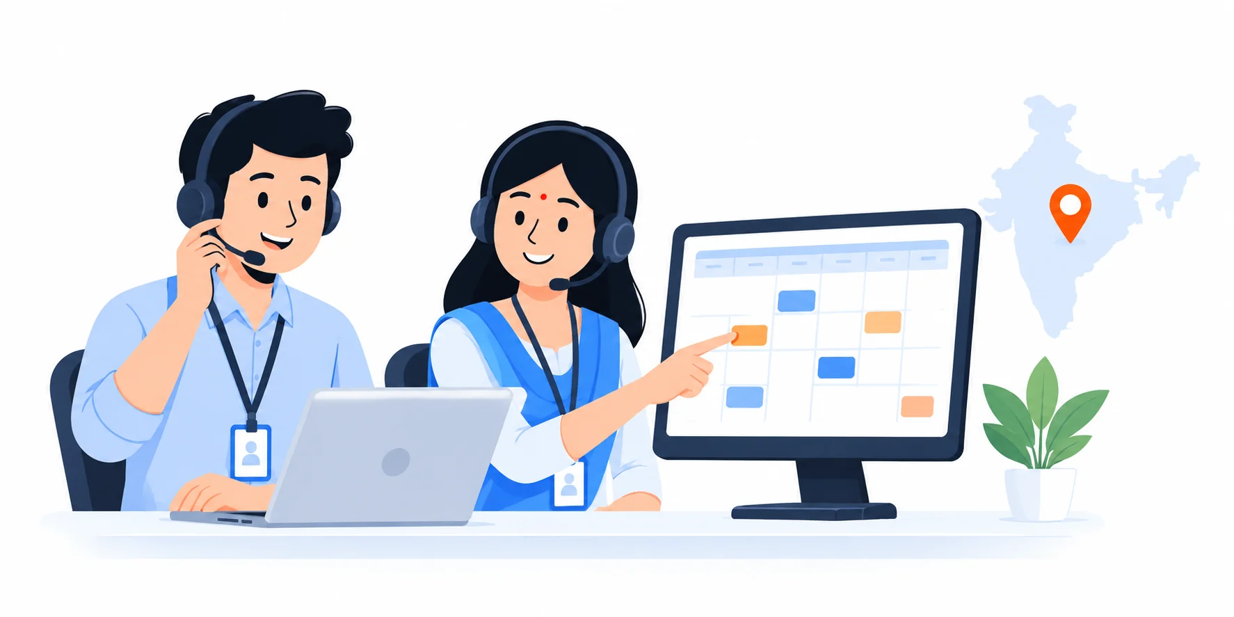 Two Stock2Track support staff with headsets scheduling a demo